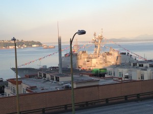 Military ship docked in Elliott Bay during Seafair